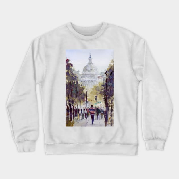 USA Capital Washington DC America Watercolor Cityscape Perfect for Office Crewneck Sweatshirt by dfrdesign